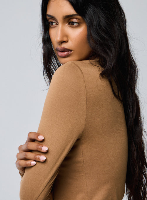 Beige Round Neck Long Sleeve T-shirt in Viscose / Elastane - MAJESTIC FILATURES