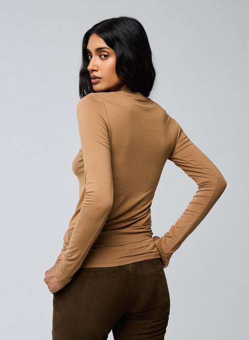 Beige Round Neck Long Sleeve T-shirt in Viscose / Elastane - MAJESTIC FILATURES