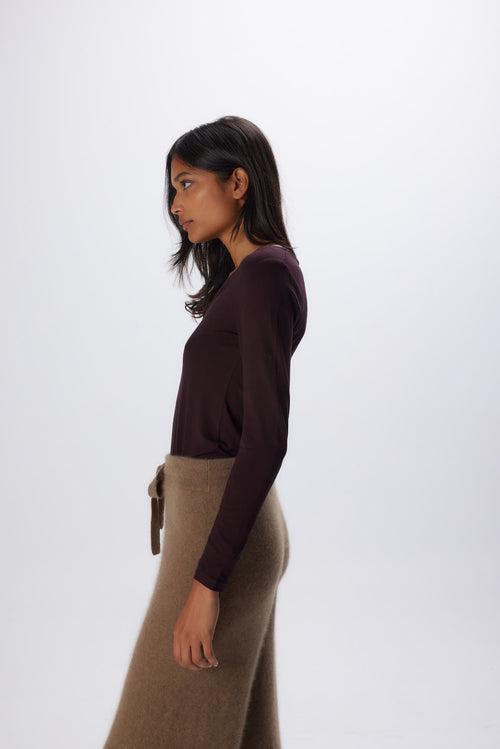 T-shirt Aubergine Col V Manches Longues en Viscose / Elasthanne - MAJESTIC FILATURES