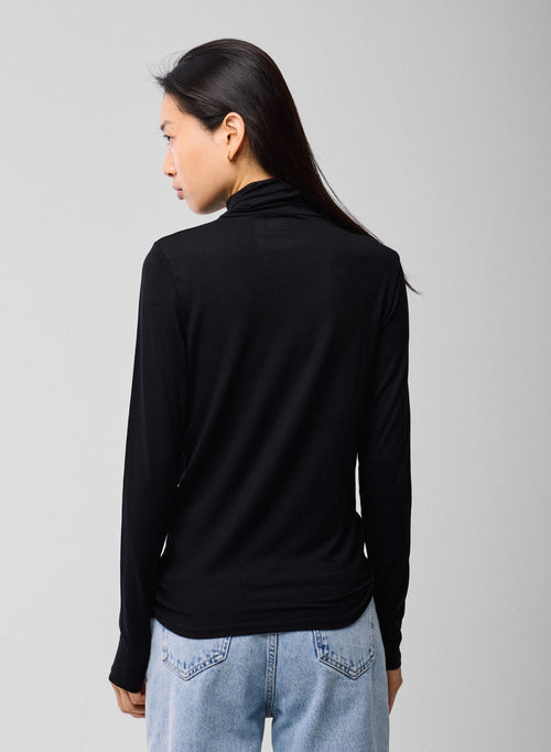 Schwarz T Shirt Rollkragen Lange Ärmel Viskose Elasthan   - MAJESTIC FILATURES