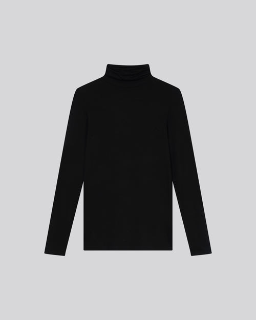 Schwarz T Shirt Rollkragen Lange Ärmel Viskose Elasthan   - MAJESTIC FILATURES