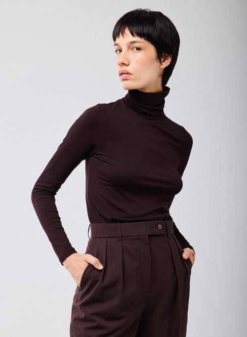 Purple T shirt Turtleneck Long Sleeves Viscose Elastane   - MAJESTIC FILATURES