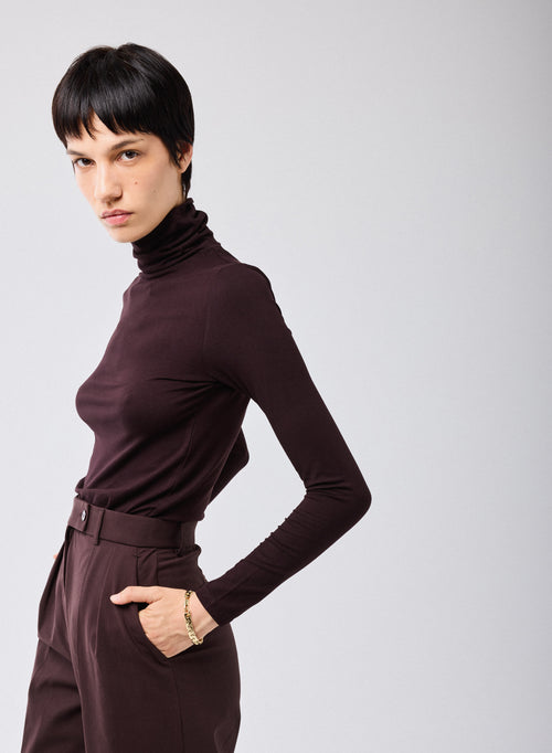 Purple T shirt Turtleneck Long Sleeves Viscose Elastane   - MAJESTIC FILATURES