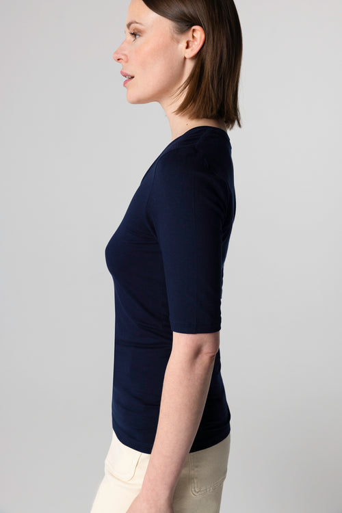 T-shirt Marine Col U Manches Coudes en Viscose / Elasthanne - MAJESTIC FILATURES