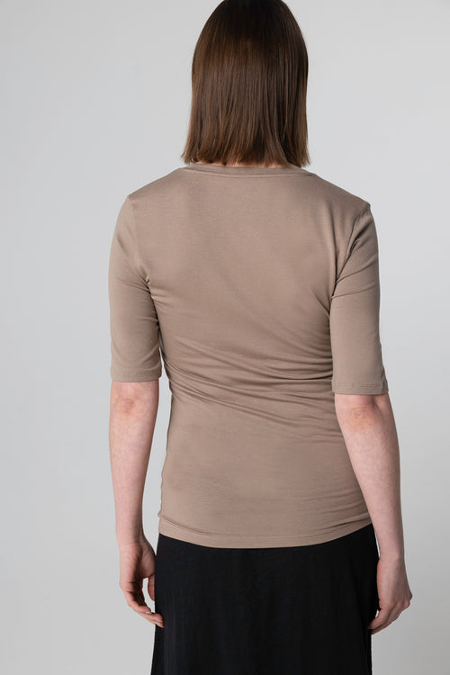 T-shirt Marron Col U Manches Coudes en Viscose / Elasthanne - MAJESTIC FILATURES