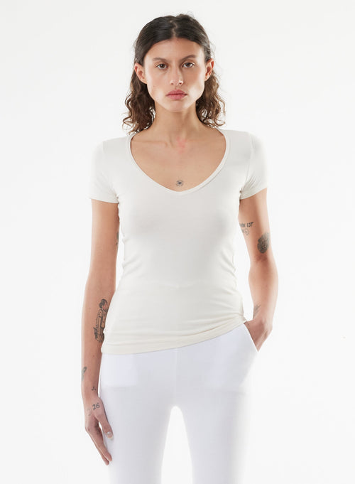 White Short Sleeve V-Neck T-Shirt in Viscose and Elastane - MAJESTIC FILATURES