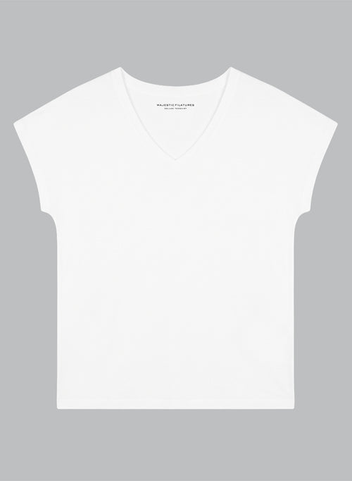 Camiseta blanca de manga corta con cuello de V en viscosa y elastano - MAJESTIC FILATURES