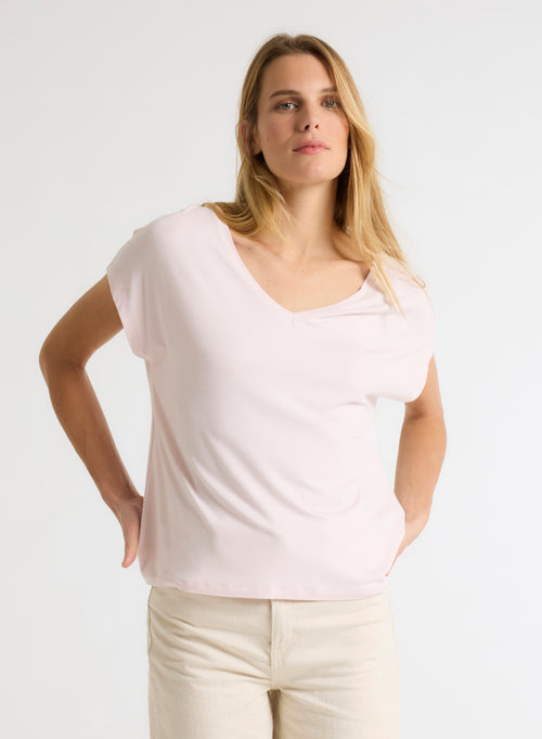 Camiseta rosa de manga corta con cuello en V de viscosa / elastano - MAJESTIC FILATURES