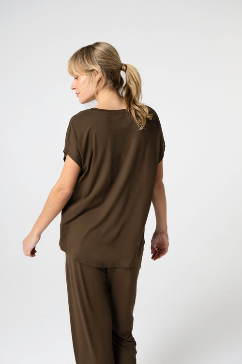 T-shirt Marron Foncé Col V Manches Courtes en Viscose / Elasthanne - MAJESTIC FILATURES