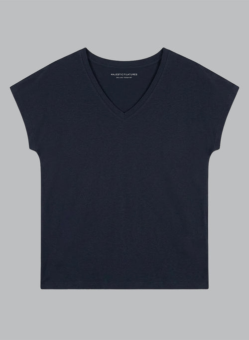 T-shirt Marine Col V Manches Courtes en Viscose / Elasthanne - MAJESTIC FILATURES