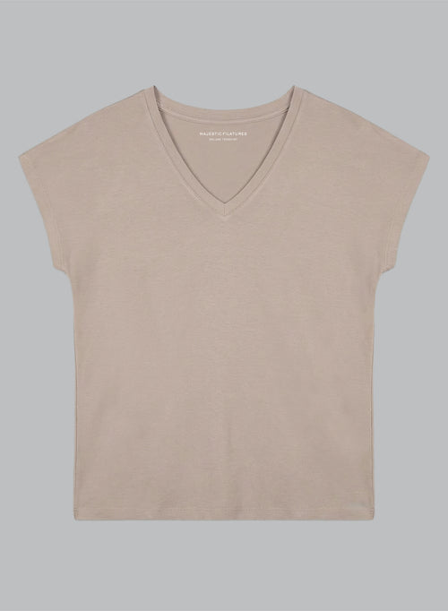 T-shirt Marron Col V Manches Courtes en Viscose / Elasthanne - MAJESTIC FILATURES