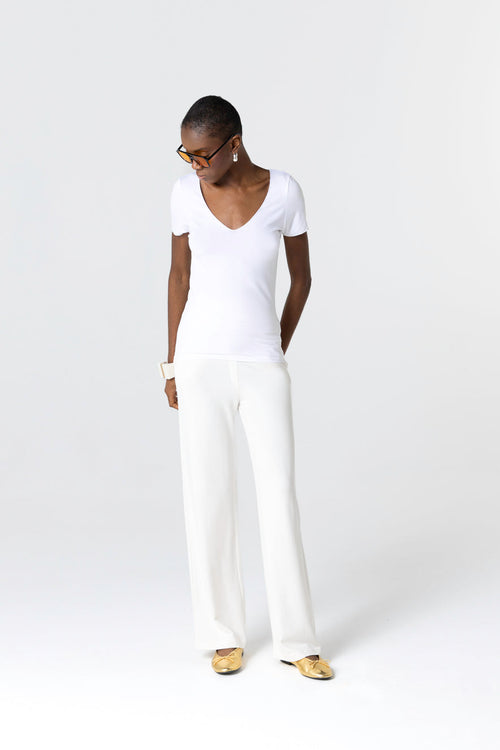 T-shirt Blanc Col V Manches Courtes en Viscose / Elasthanne - MAJESTIC FILATURES