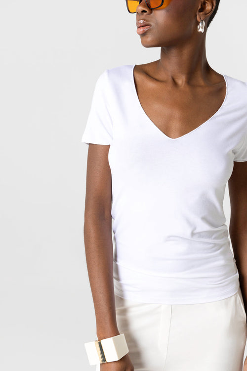 T-shirt Blanc Col V Manches Courtes en Viscose / Elasthanne - MAJESTIC FILATURES