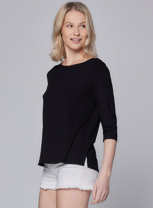 Black T-shirt 3/4 Sleeves Boat Neck in Viscose and Elastane - MAJESTIC FILATURES