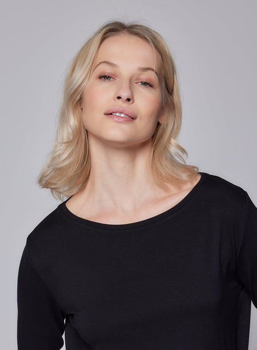 Black T-shirt 3/4 Sleeves Boat Neck in Viscose and Elastane - MAJESTIC FILATURES