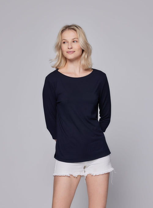 Navy T-shirt 3/4 Sleeves Boat Neck in Viscose and Elastane - MAJESTIC FILATURES