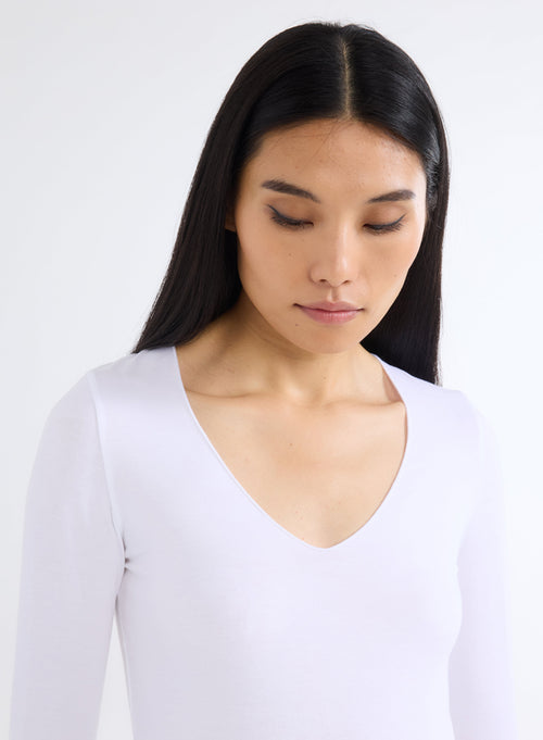 White V-Neck Long Sleeve T-Shirt - MAJESTIC FILATURES