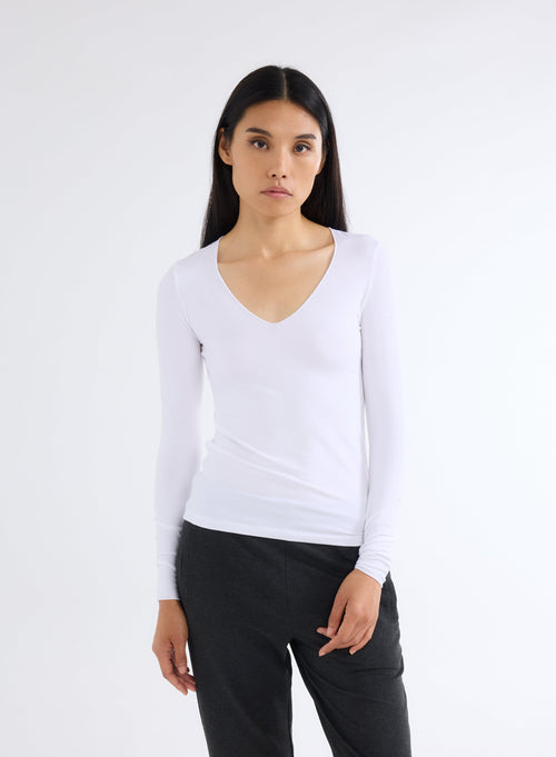 White V-Neck Long Sleeve T-Shirt - MAJESTIC FILATURES