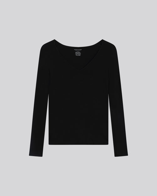 Black T shirt V Neck Long Sleeves Viscose Elastane   - MAJESTIC FILATURES