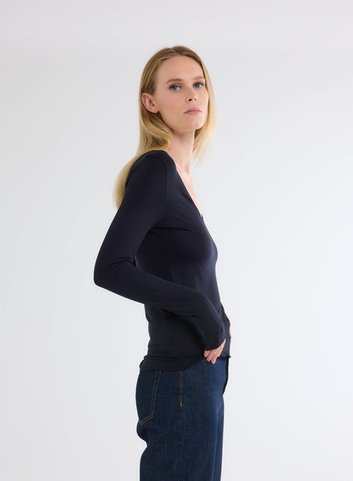 Navy V-Neck Long Sleeve T-Shirt - MAJESTIC FILATURES