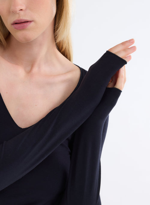 Navy V-Neck Long Sleeve T-Shirt - MAJESTIC FILATURES