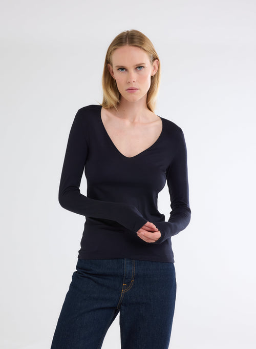 Navy V-Neck Long Sleeve T-Shirt - MAJESTIC FILATURES