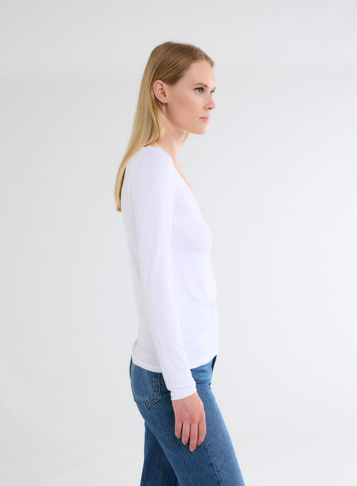 T-shirt Blanc Col V Manches Longues en Viscose et Élasthanne - MAJESTIC FILATURES