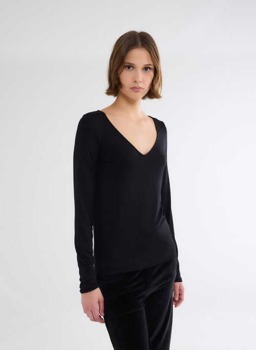 T-shirt Noir Col V Manches Longues en Viscose et Élasthanne - MAJESTIC FILATURES