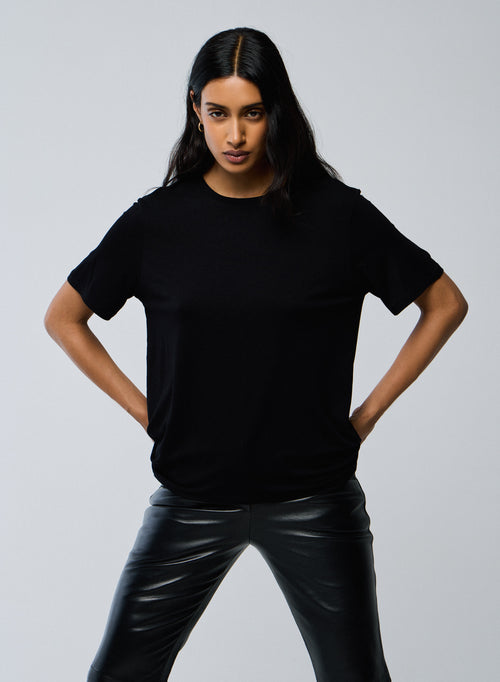 Black T shirt Crew Neck Short Sleeves Viscose Elastane   - MAJESTIC FILATURES