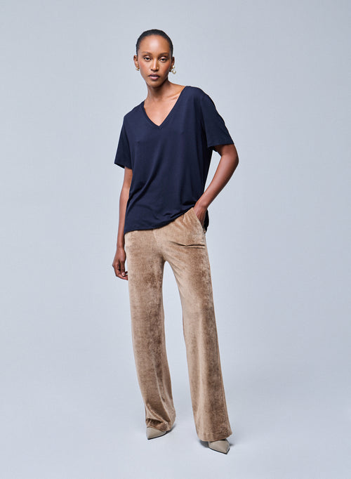 Camiseta de manga corta con cuello en V azul marino en viscosa / elastano - MAJESTIC FILATURES