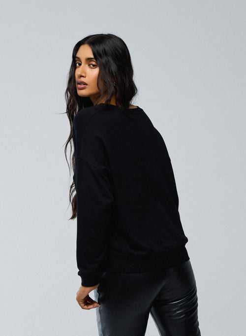Sudadera negra con cuello de pico y manga larga en viscosa / elastano - MAJESTIC FILATURES