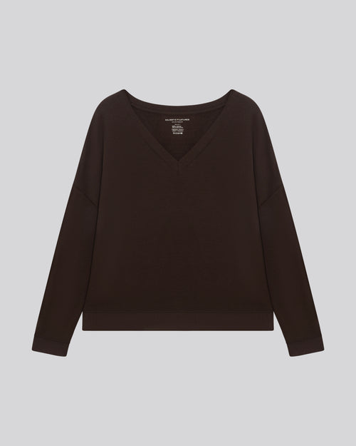 Braunes langärmeliges Sweatshirt aus Viskose / Elasthan mit V-Ausschnitt - MAJESTIC FILATURES