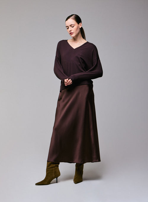 Braunes langärmeliges Sweatshirt aus Viskose / Elasthan mit V-Ausschnitt - MAJESTIC FILATURES