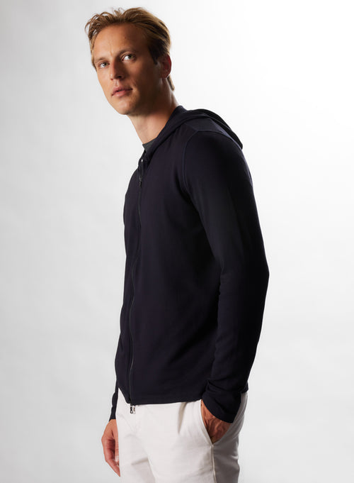 Sweat Marine Col Capuche Manches Longues en Viscose et Élasthanne - MAJESTIC FILATURES