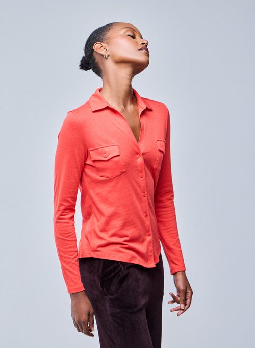 Camisa Naranja Camisa de Manga Larga en Algodón Orgánico / Cachemira - MAJESTIC FILATURES