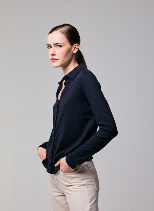 Navy Shirt Langarmshirt aus Bio-Baumwolle / Kaschmir - MAJESTIC FILATURES