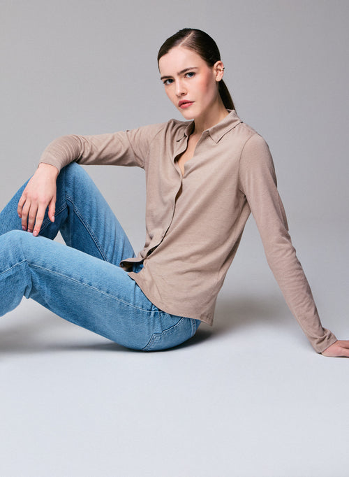 Beige Shirt Long Sleeve Shirt in Organic Cotton / Cashmere - MAJESTIC FILATURES