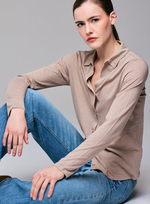 Beige Shirt Long Sleeve Shirt in Organic Cotton / Cashmere - MAJESTIC FILATURES