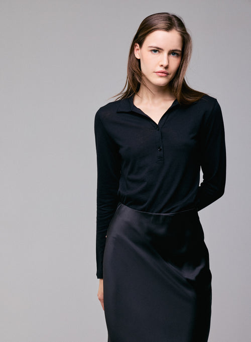 Schwarzes Poloshirt Langarm-Poloshirt aus Baumwolle / Kaschmir - MAJESTIC FILATURES