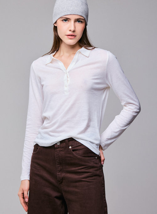 Weißes Poloshirt Langärmeliges Poloshirt aus Baumwolle / Kaschmir - MAJESTIC FILATURES