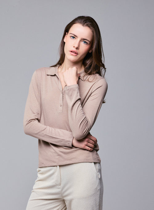 Beige Poloshirt Langarm Poloshirt aus Baumwolle / Kaschmir - MAJESTIC FILATURES