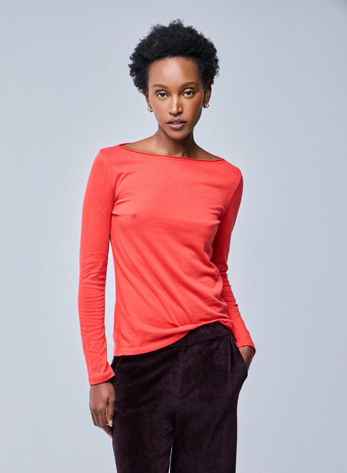 Camiseta naranja con cuello barco de manga larga en algodón orgánico / cachemir - MAJESTIC FILATURES