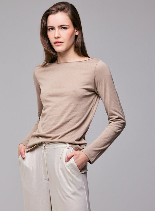 Beige T-Shirt mit langen Ärmeln U-Boot-Ausschnitt aus Bio-Baumwolle / Kaschmir - MAJESTIC FILATURES