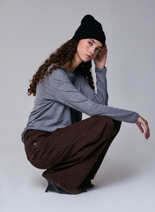 T-shirt Gris Col Bateau Manches Longues en Coton et Cachemire - MAJESTIC FILATURES