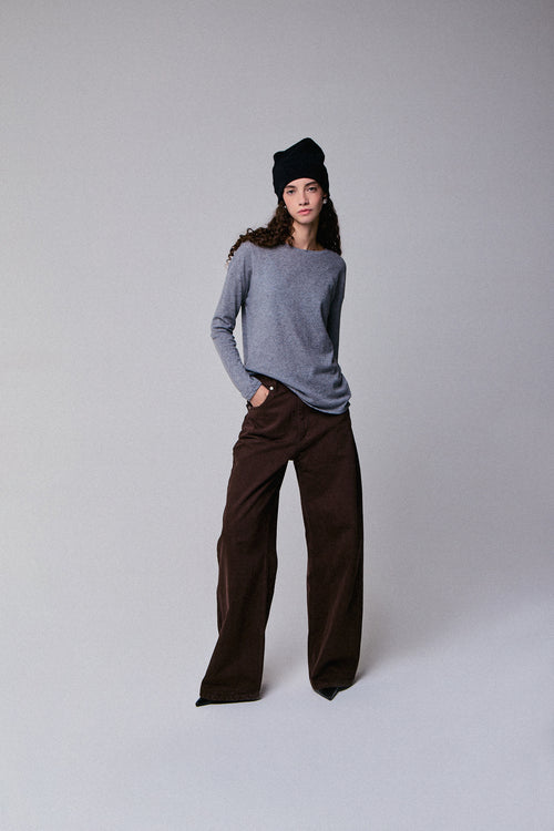 T-shirt Gris Col Bateau Manches Longues en Coton et Cachemire - MAJESTIC FILATURES