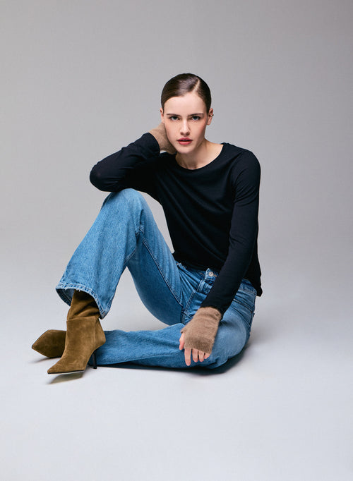 Black Round Neck Long Sleeves T-shirt in Cotton and Cashmere - MAJESTIC FILATURES