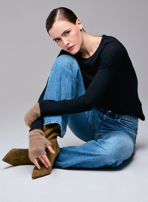 Schwarzes T-Shirt mit Rundhalsausschnitt und langen Ärmeln aus Baumwolle und Kaschmir - MAJESTIC FILATURES