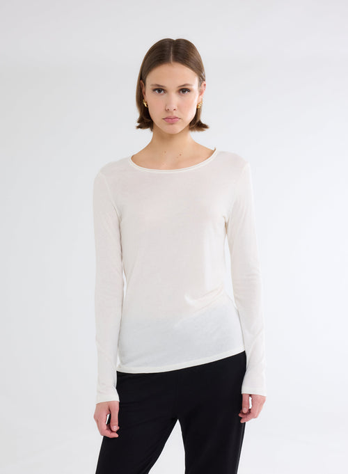 Round Neck Long Sleeve Mother-of-Pearl T-Shirt - MAJESTIC FILATURES