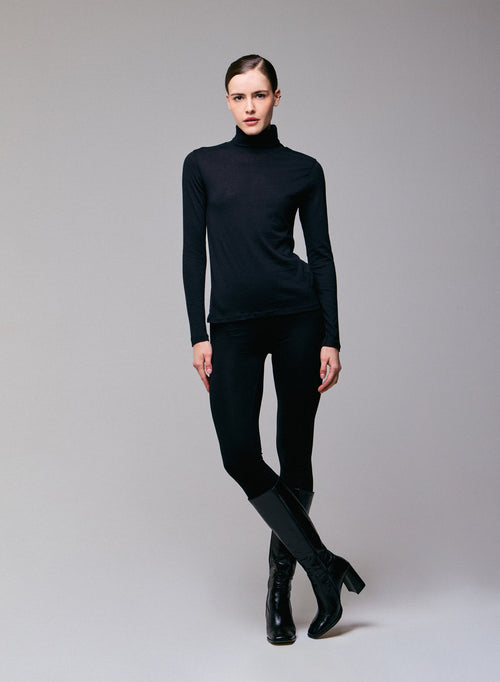 Black Turtleneck Long Sleeves T-Shirt in Organic Cotton and Cashmere - MAJESTIC FILATURES