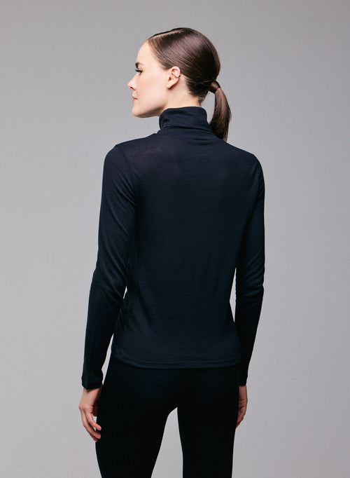 Black Turtleneck Long Sleeves T-Shirt in Organic Cotton and Cashmere - MAJESTIC FILATURES